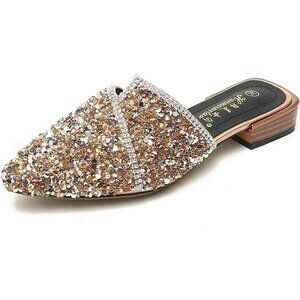 Women's Golden Flats Comfortable Soft Insole Pointed Cherry Rivet Mule Shoes